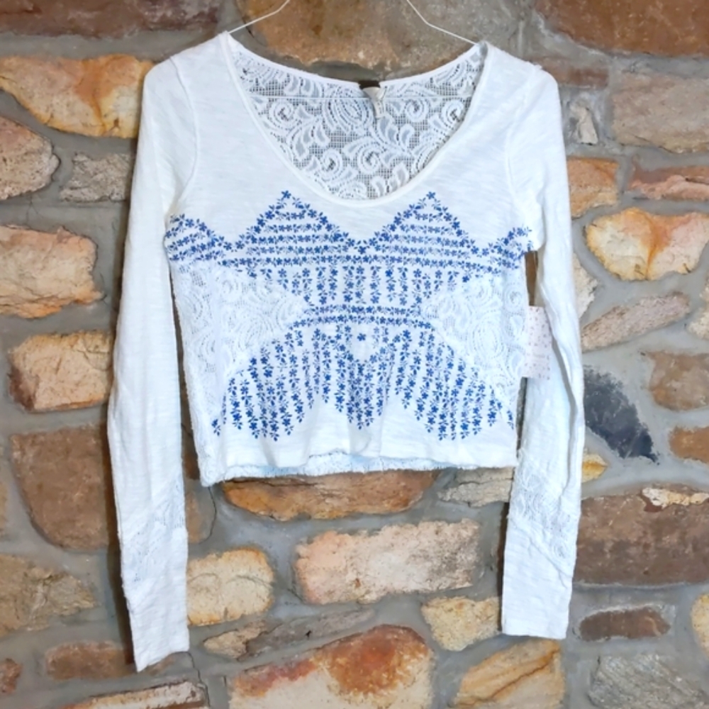 Free People white floral lace crop top